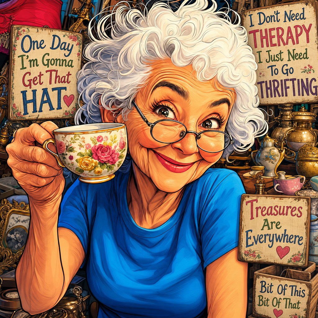 Illustrated portrait of Marge in her treasure-filled grotto, raising a floral teacup, surrounded by vintage sign boards